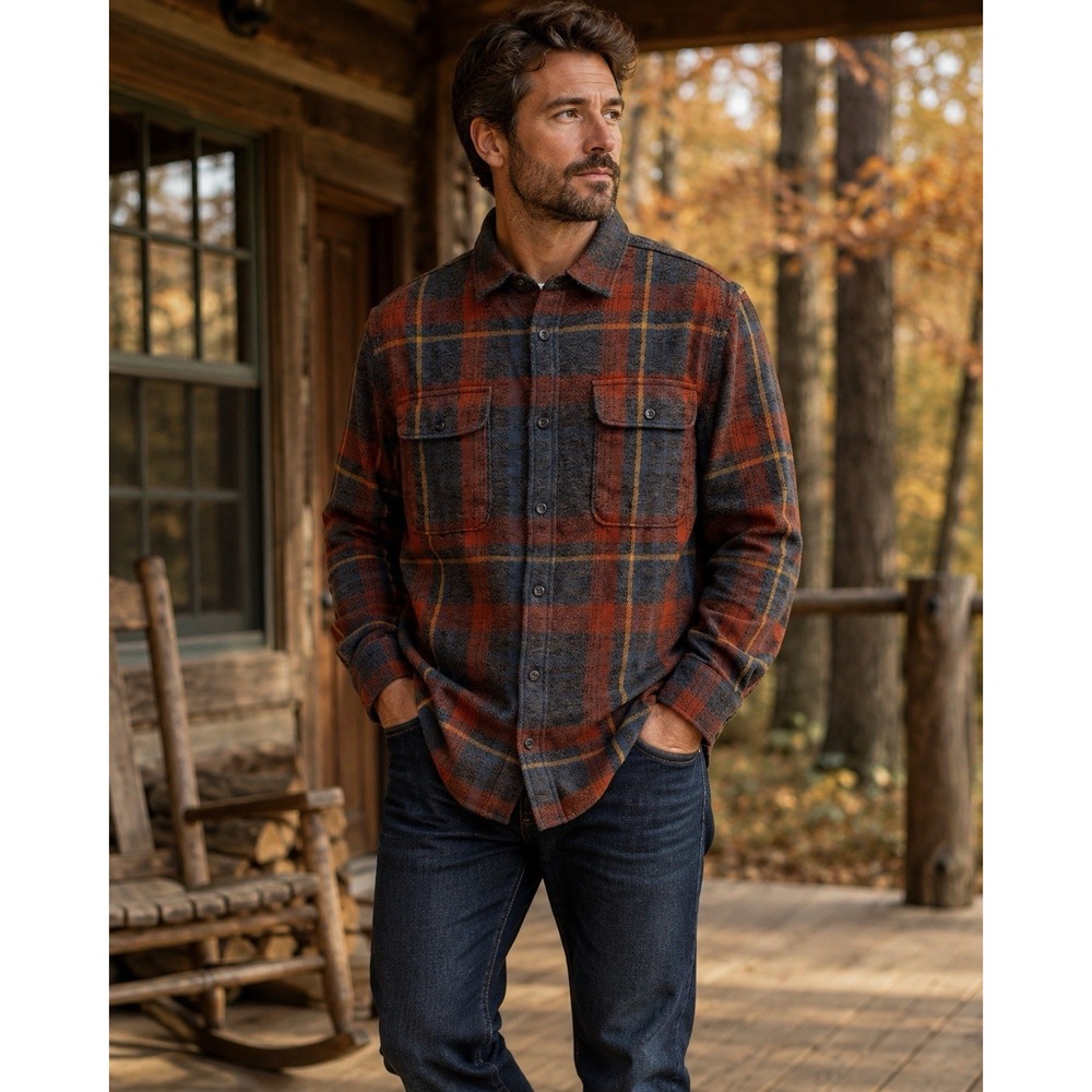 The North Face Men L Plaid Flannel Shirt 100% Cotton Orange Gray Workwear